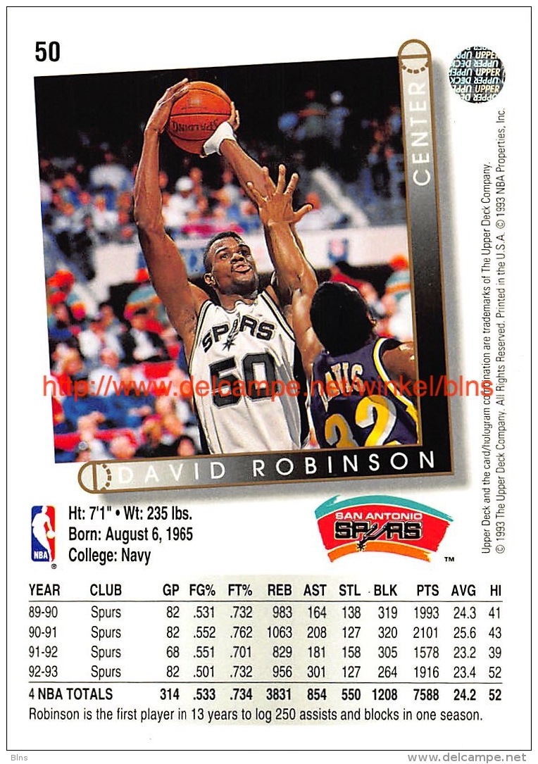 Upper Deck 93/94 Nr: &nbsp;50 David Robinson&nbsp; - 1990-1999