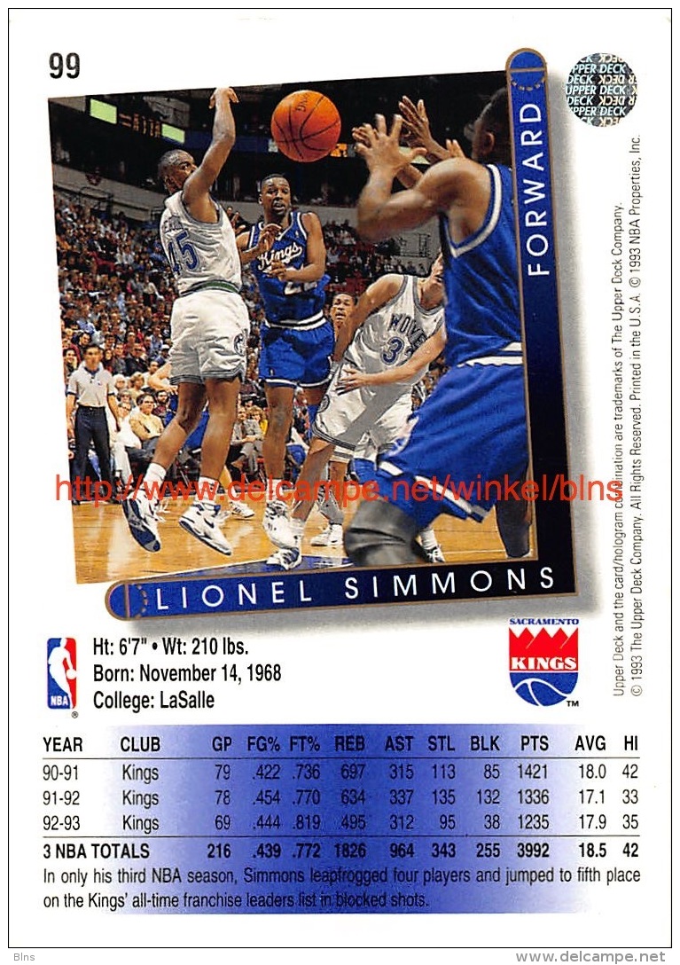 Upper Deck 93/94 Nr: &nbsp;99 Lionel Simmons&nbsp; - 1990-1999