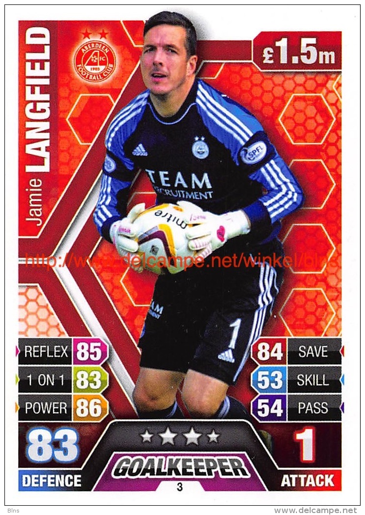 Topps Scottish Premiership 2013/2014 Nr: 3. &nbsp;Jamie Langfield (Aberdeen) - Match Attax - Trading Cards