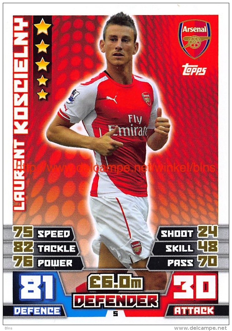 Topps Premier League 2014-2015 Nr: 5. &nbsp;Laurent Koscielny (Arsenal) - Match Attax - Trading Cards