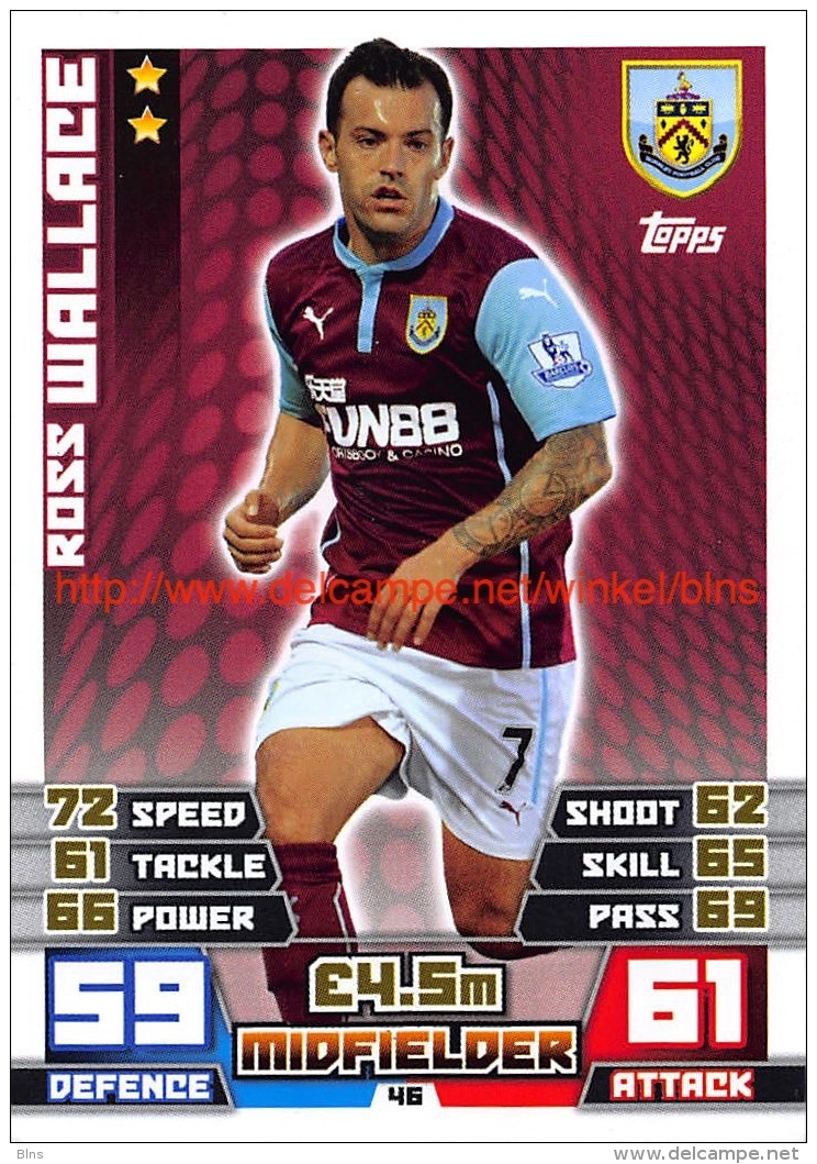 Topps Premier League 2014-2015 Nr: 46. &nbsp;Ross Wallace (Burnley) - Match Attax - Trading Cards