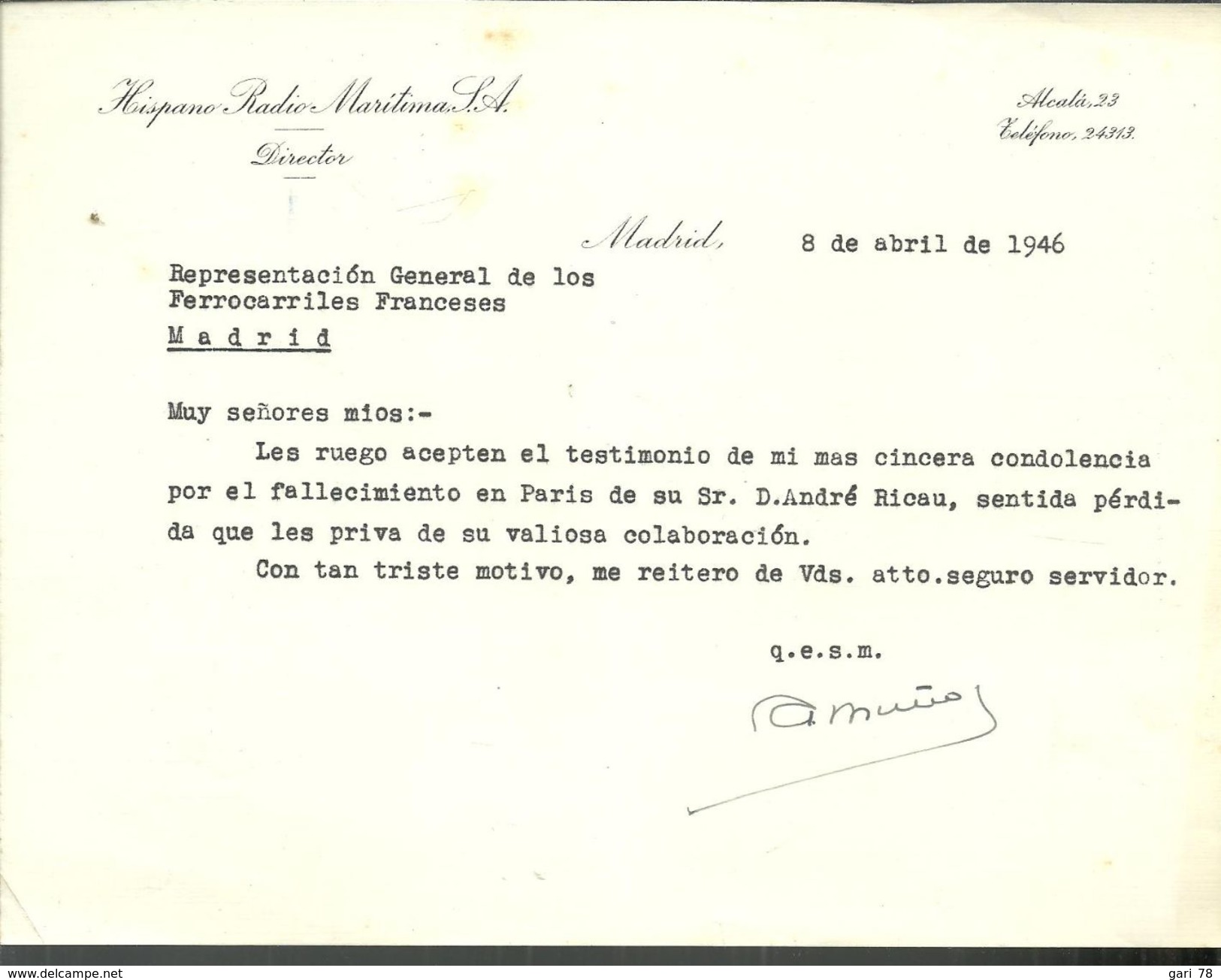 Lettre Du 8 Avril 1946 DU Directeur De Hispano Radio Maritima SA à Madrid - España