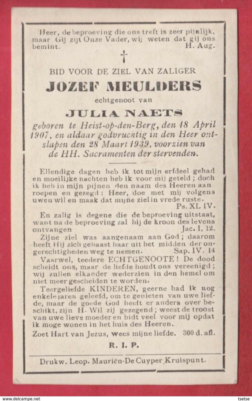 Militaire -Jozef Meulders,né à Heist-op-den-berg Le 18 Avril 1907 Et Décédé Le 28 Mars 1939 - Todesanzeige