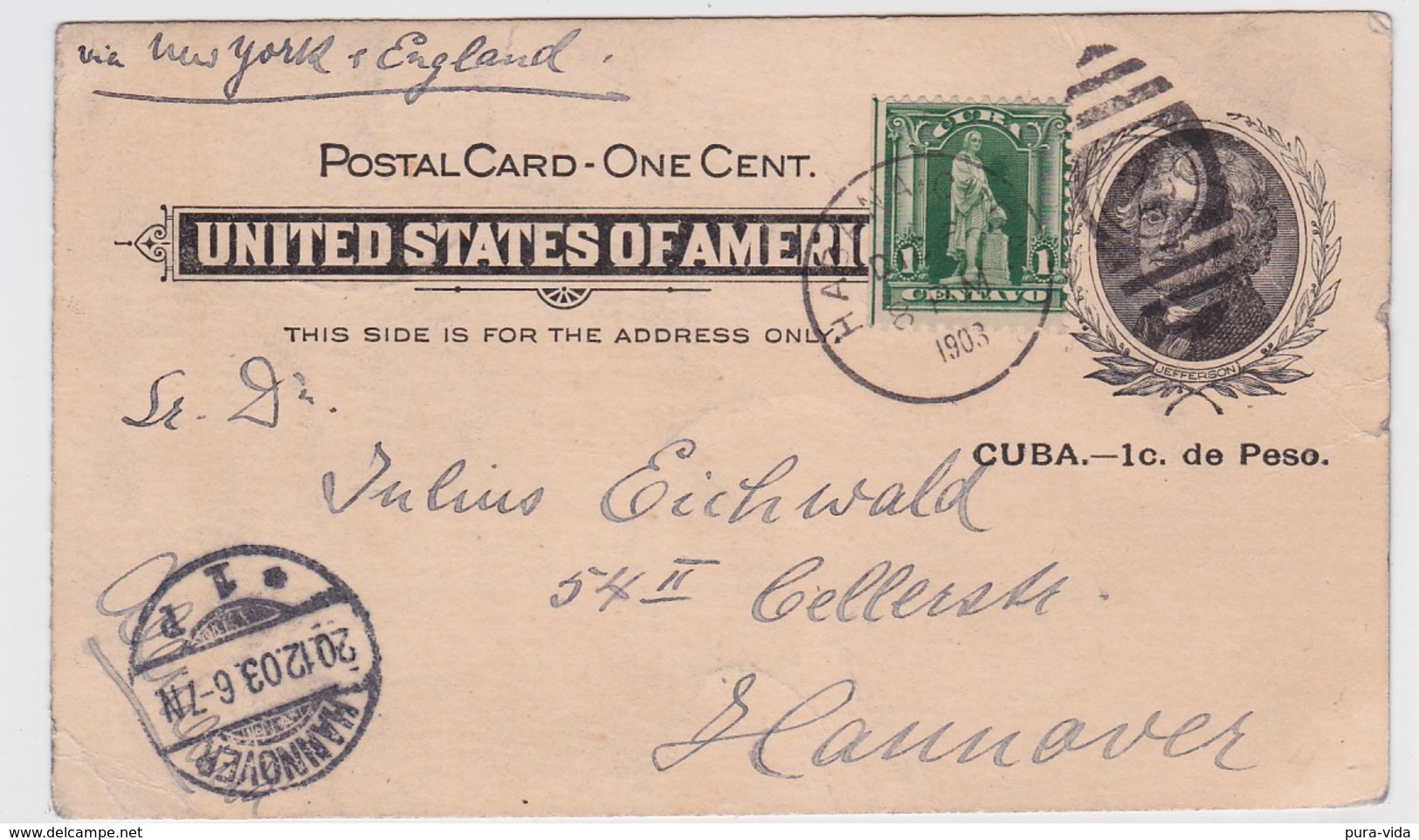 Cuba US  Postal Card Surcharged For Use In Cuba Uprated Postal Stationery PSE Cover To Germany 1903 - Covers & Documents