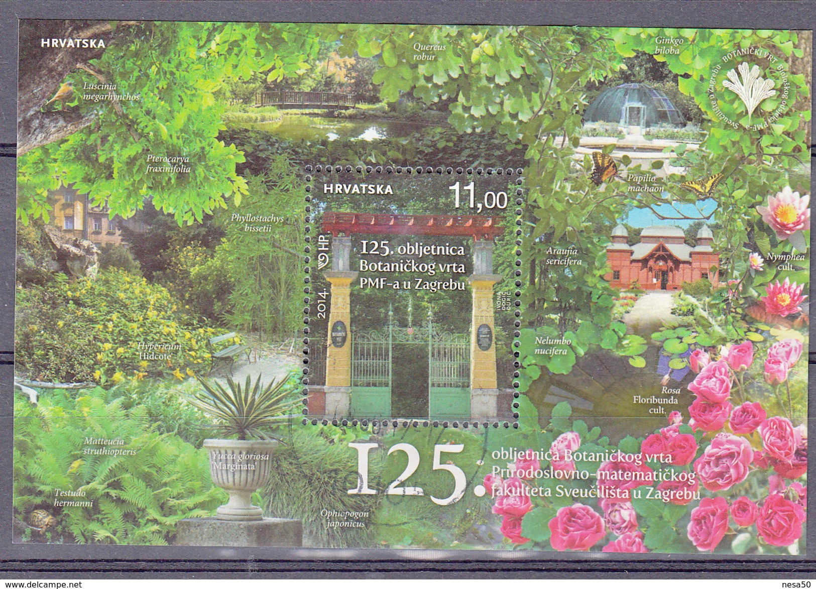 Kroatie, Hrvatska 2014 Mi Nr Blok 53 ; 125 Jaar Botanische Tuinen , Garden Met Vlinder, Butterfly , Roos, Rose, Bird - Kroatië