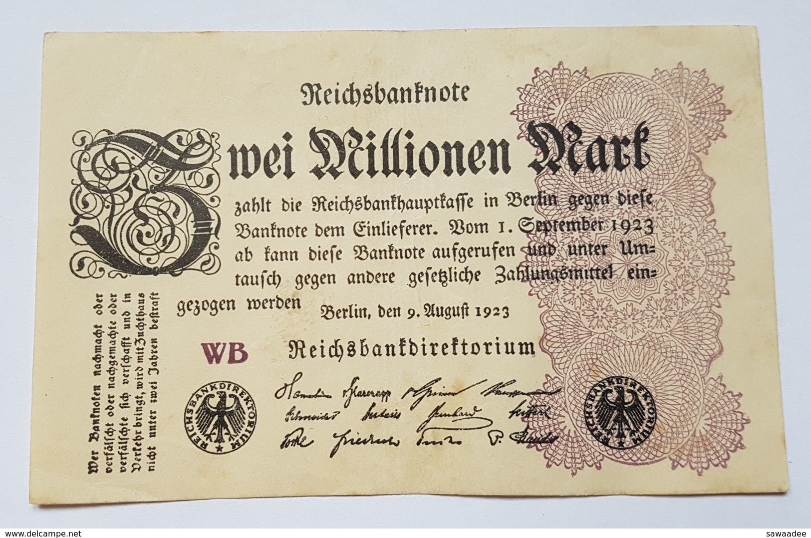 BILLET ALLEMAGNE - P.104c - ZWEI MILLIONEN MARK - BERLIN - 9 AOUT 1923 - FILIGRANE G - UNIFACE - 2 Millionen Mark