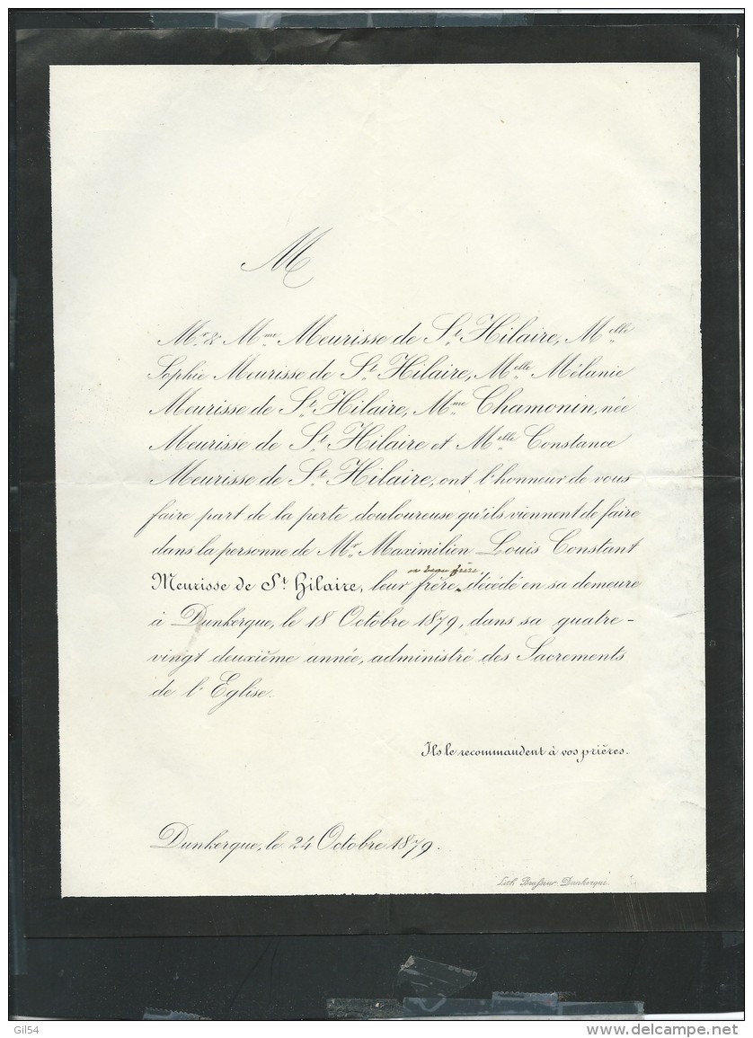 DUNKERQUE LE 24/10/1879 , Faire Part Du Décés De  LOUIS - Constant Meurisse De Saint Hilaire - Pb15003 - Avvisi Di Necrologio