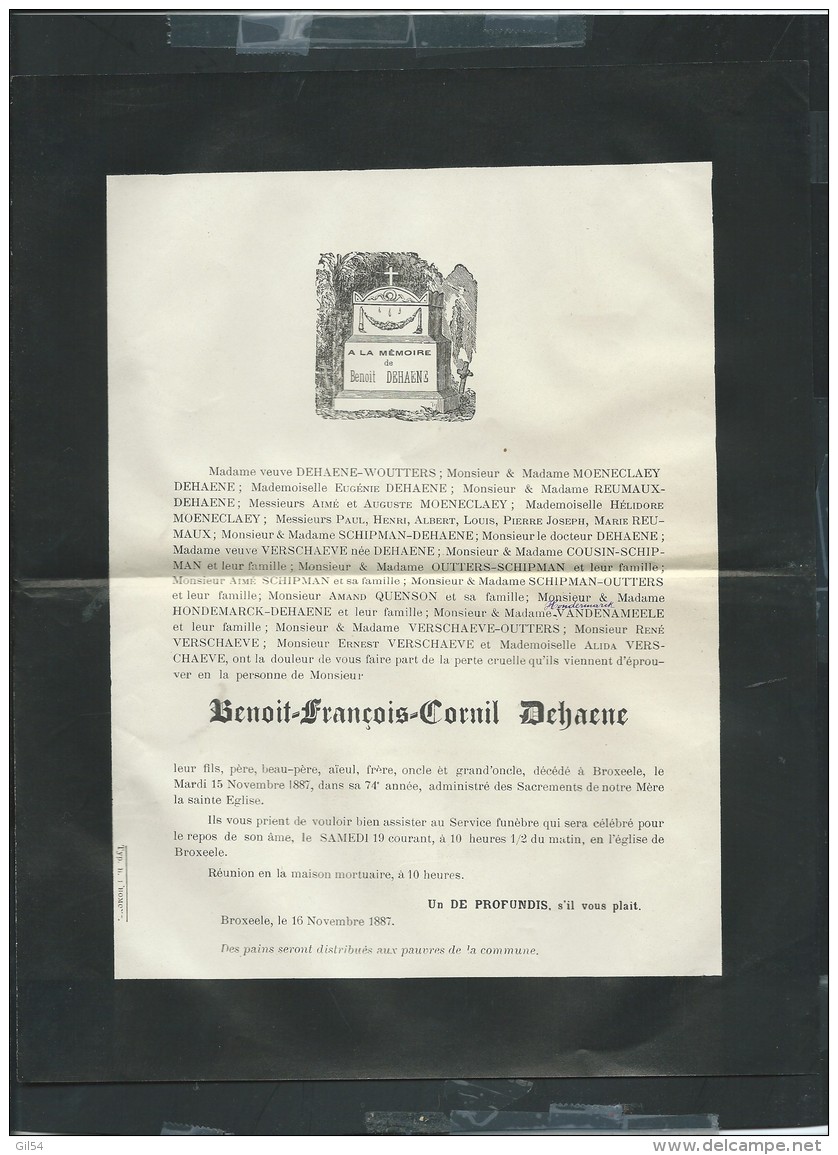 BROXEELE Le  15/11/1887 Décés De  Benoit-françois-cornil Dehaene    - Pb15017 - Avvisi Di Necrologio