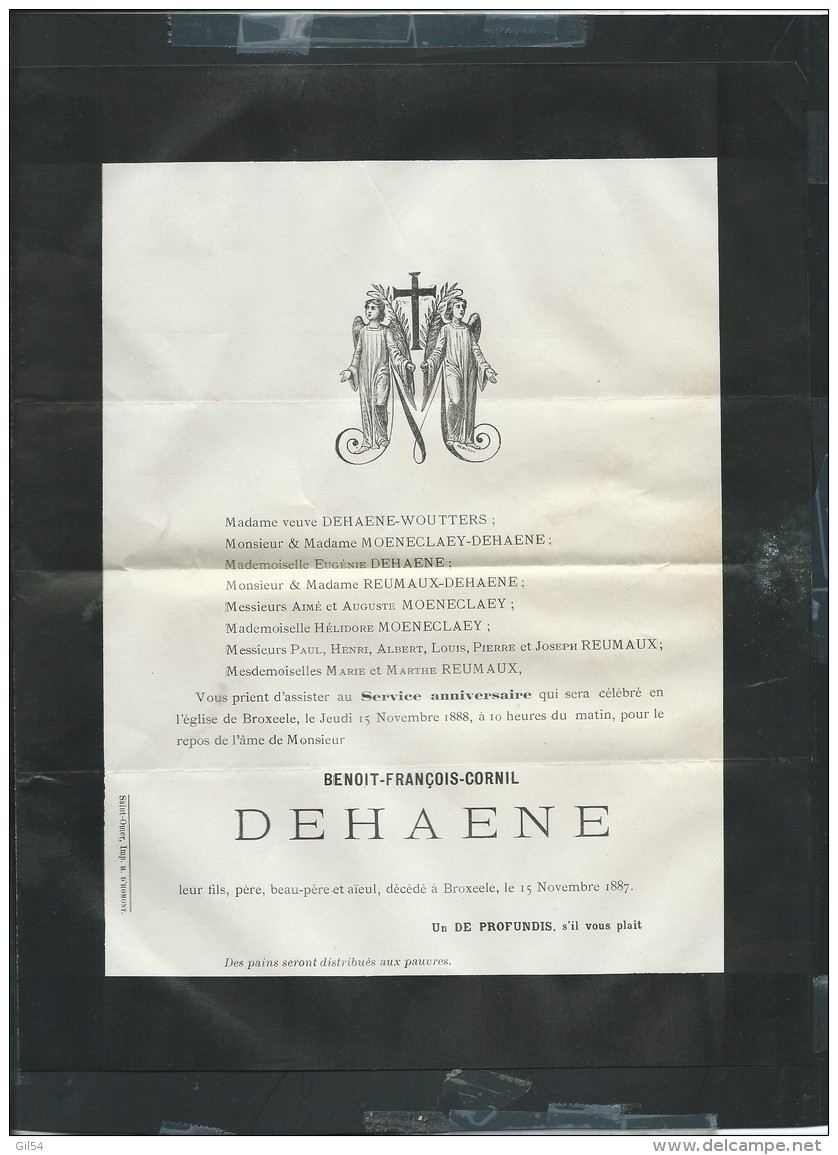 BROXEELE Le  15/11/1887 Décés De  Benoit-françois-cornil Dehaene    - Pb15018 - Avvisi Di Necrologio