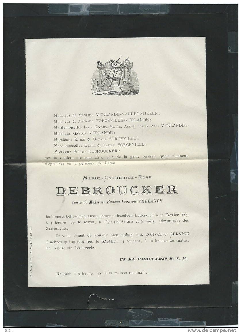 Lederzeele  Le  11/02/1885  Décés De Marie-catherine-rose Debroucker Veuve De Eugene-françois Verlande- Pb15021 - Avvisi Di Necrologio