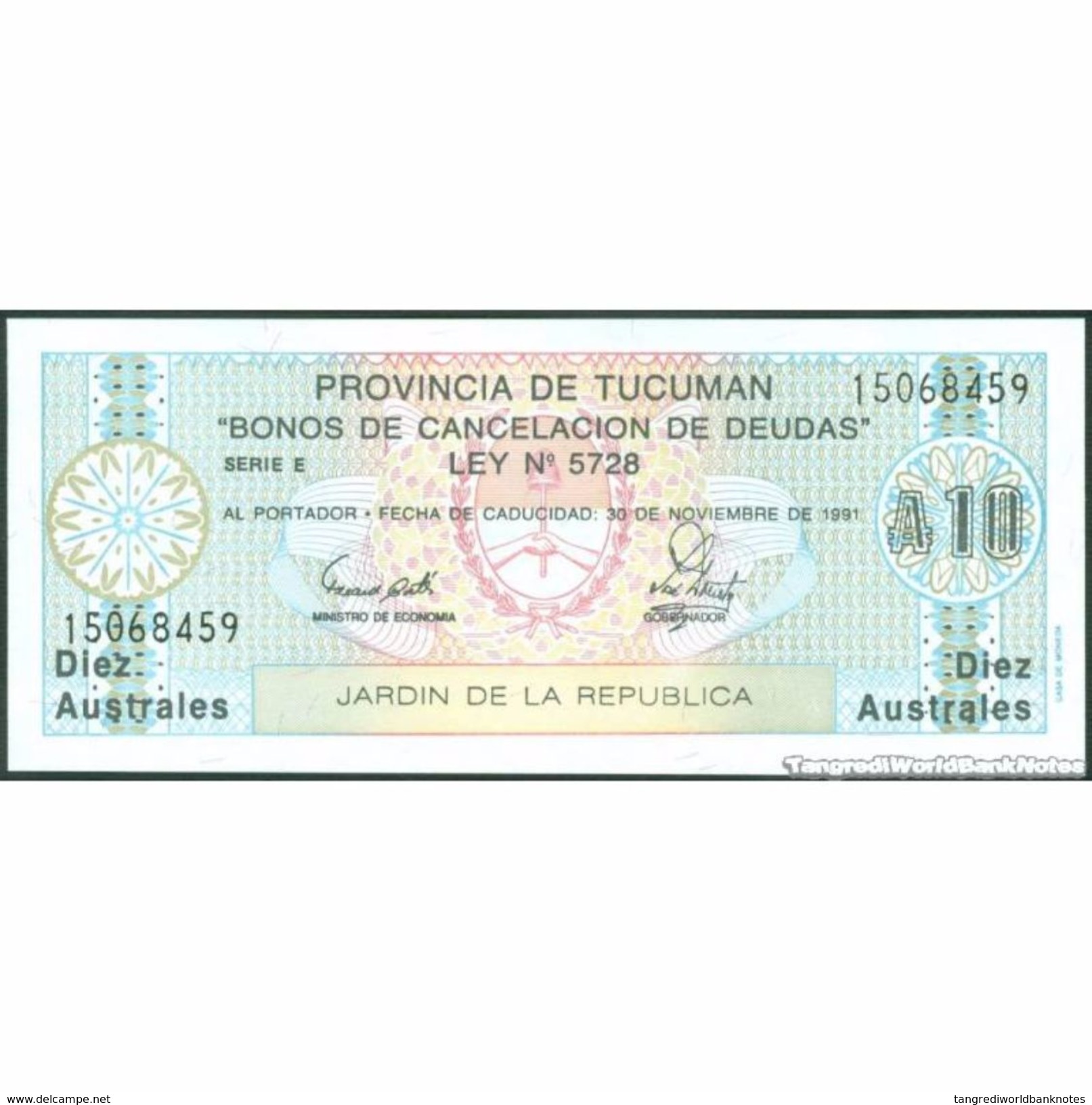 TWN - ARGENTINA S2713b3 - 10 Australes 1989 Provincia De Tucuman - Redemption 30.11.1991 UNC - Argentina