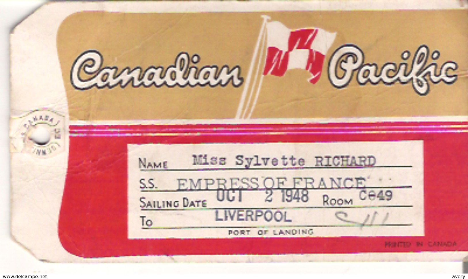 Canadian Pacific Steamships  Empress Of France Baggage Ticket - Other & Unclassified