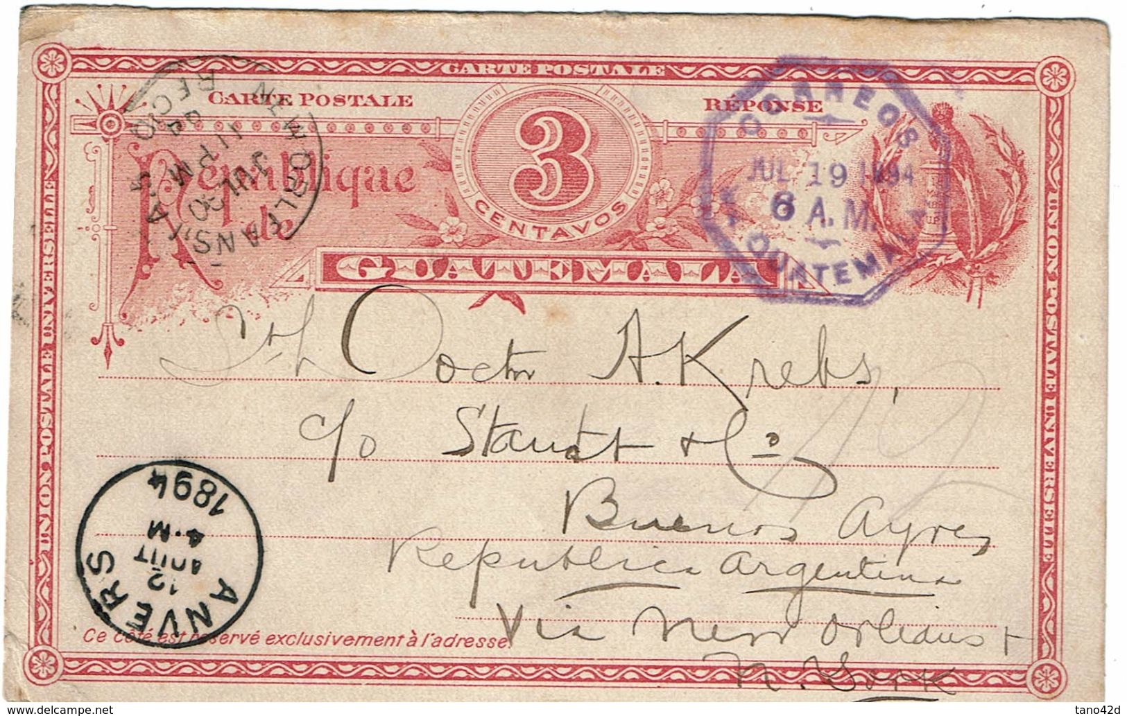 CTN49-12 - GUATEMALA EP CP CIRCULEE JUILLET 1894 A ETUDIER - Guatemala