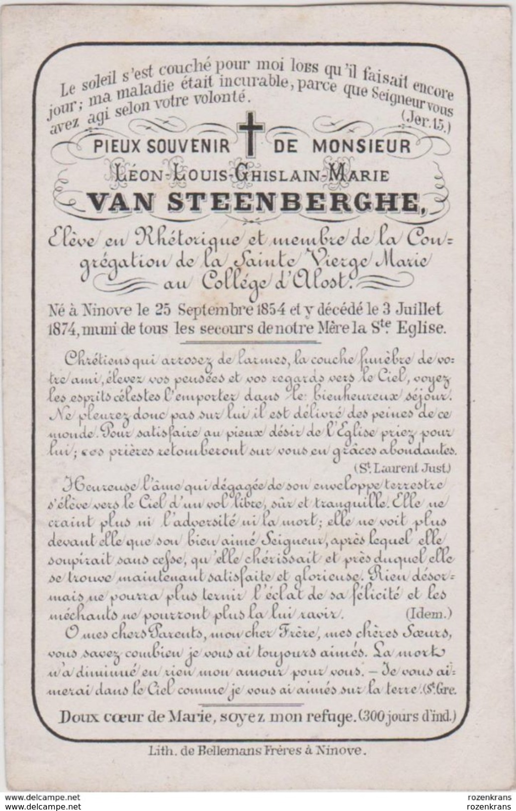 1874 Leon Van Steenberghe Ninove Zeer Oud  Doodsprentje Image Mortuaire Bidprentje Litho De Bellemans Freres - Images Religieuses