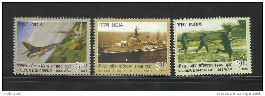 INDIA, 2015, Indian Armed Forces ,Valour And Sacrifice, Set 3 V, 1965 War, Aeroplane, Ship, Soldier, MNH, (**) - Militares