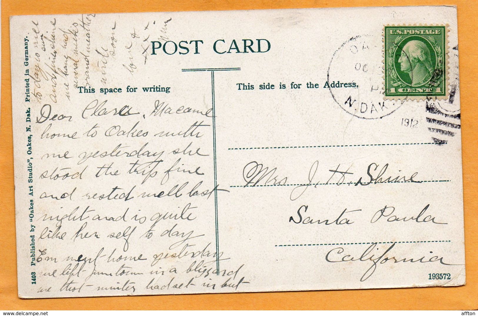 Oakes ND 1912 Postcard - Other & Unclassified