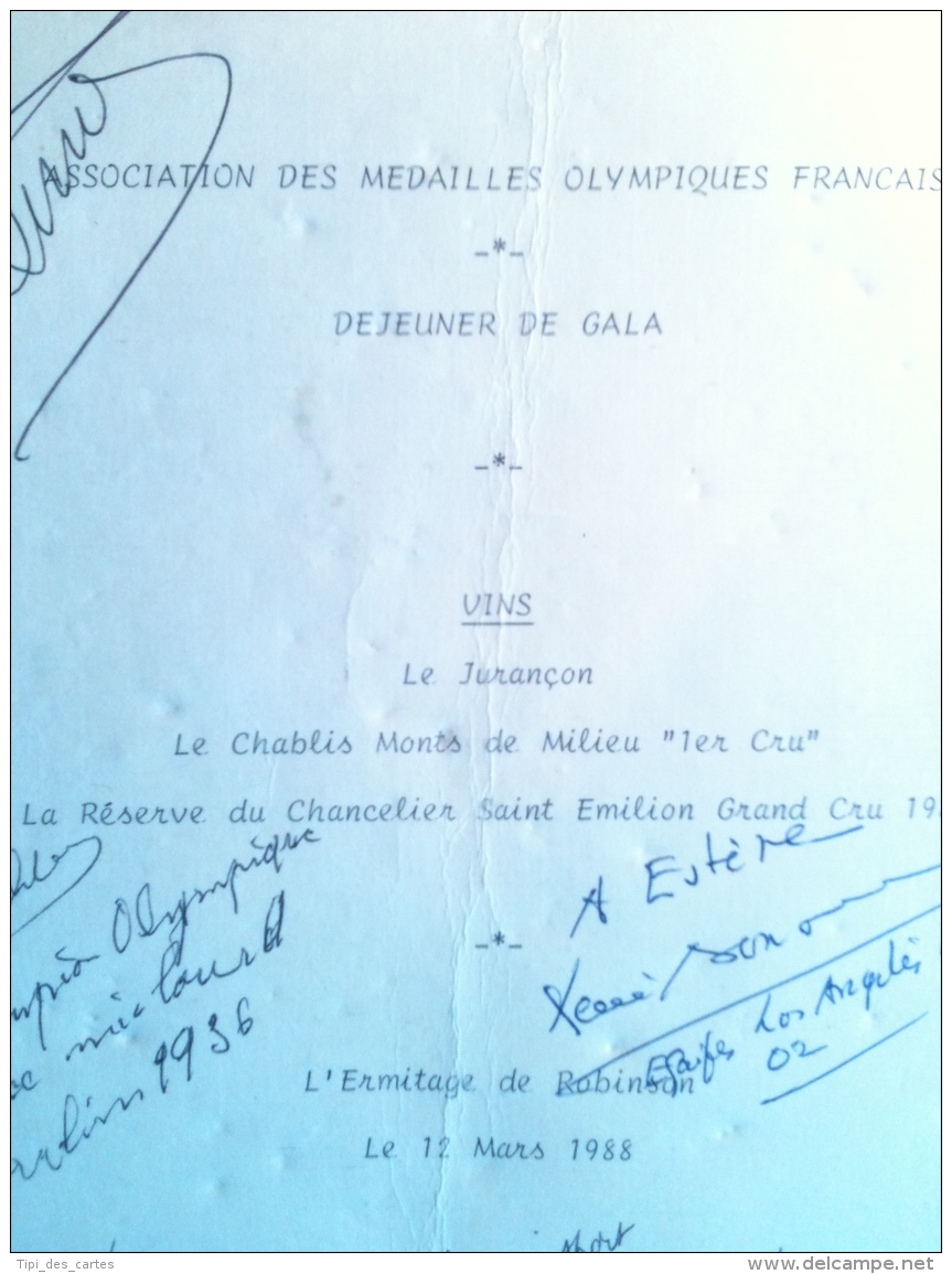 Autographes Sportifs Français Médaillés Olympiques Sur Menu Du Restaurant De L'Ermitage 1988, Dejeuner De Gala - Autres & Non Classés