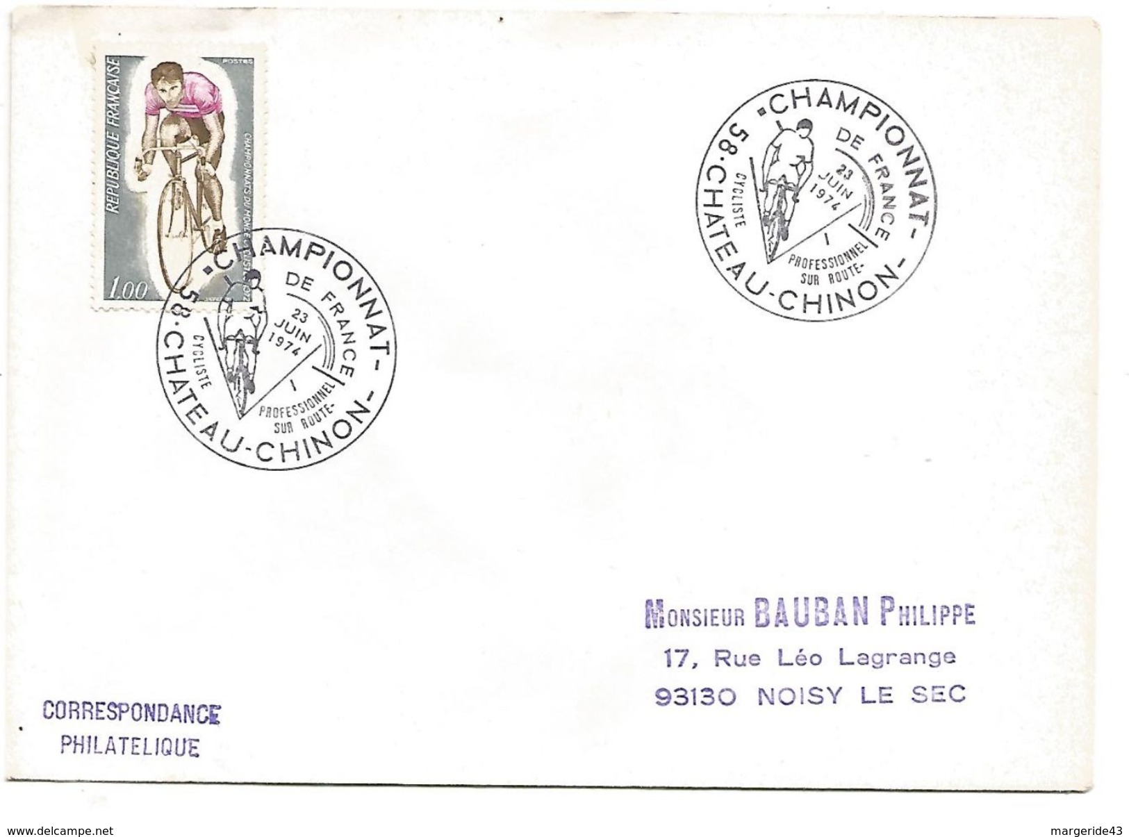 OBLITERATION CHAMPIONNAT DE FRANCE CYCLISME PROFESSIONNEL SUR ROUTE à CHATEAU-CHINON NIEVRE 1974 - Commemorative Postmarks