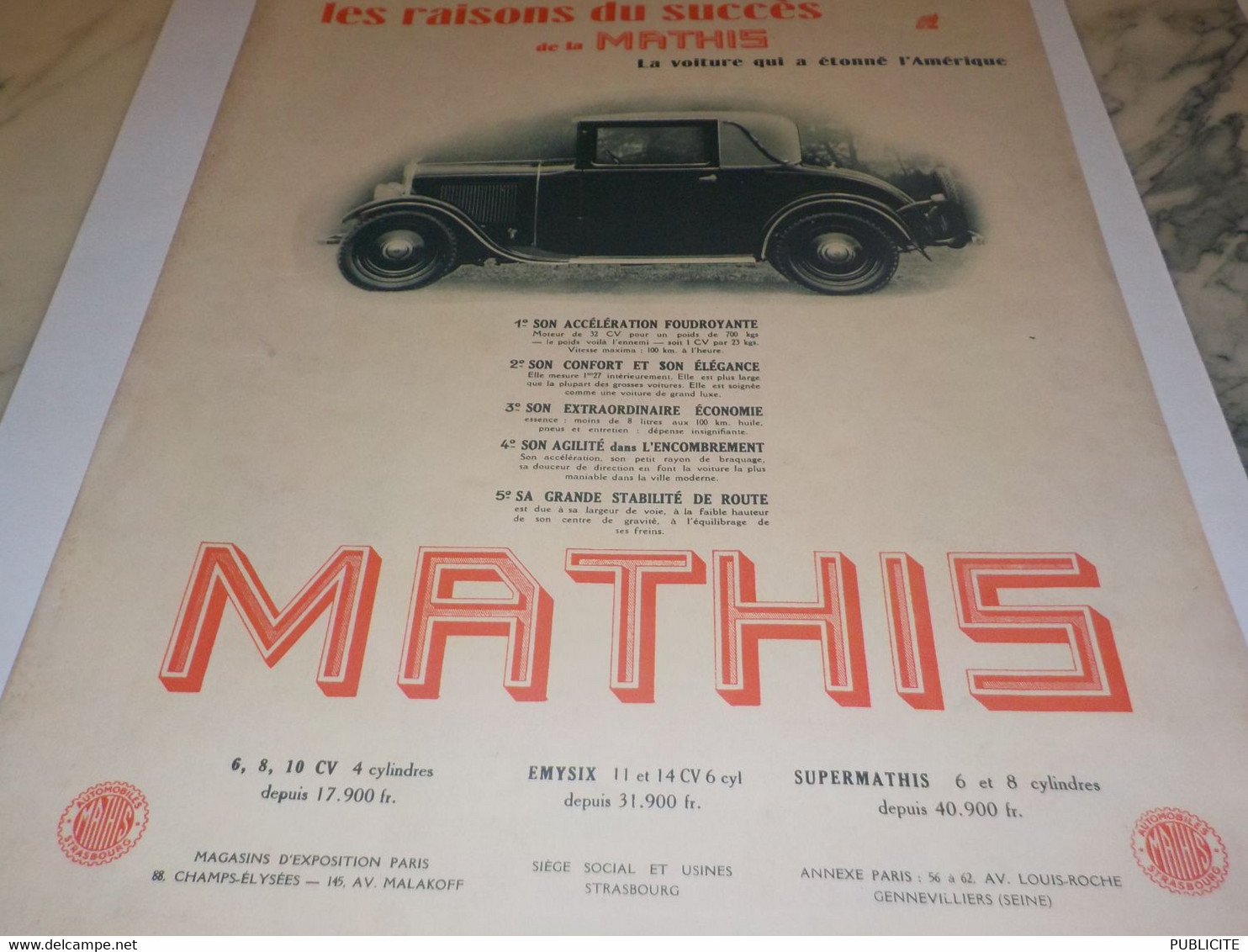 ANCIENNE PUBLICITE VOITURE SUCCES MATHIS 1931 - Automobili