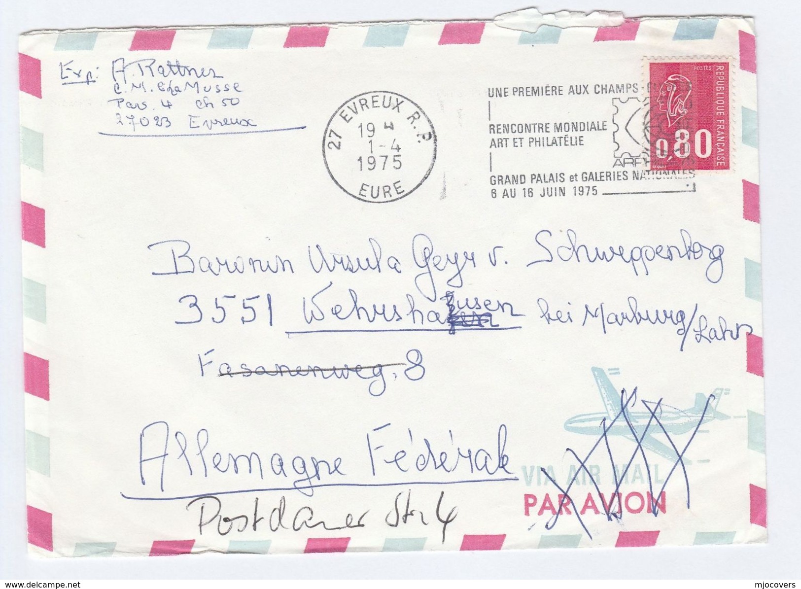 1975 Cover ART PHILATELY EXHIBITION Evreux FRANCE To Germany REDIRECTED Stamps - Other & Unclassified