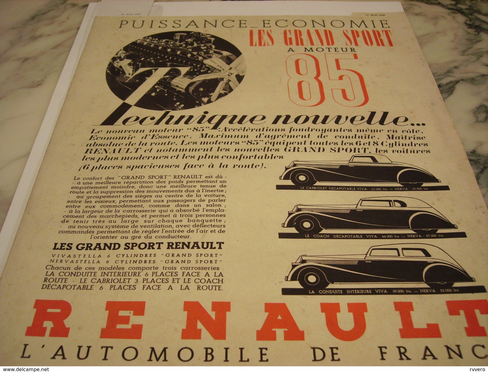 ANCIENNE PUBLICITE VOITURE LES GRAND SPORT A MOTEUR 85 RENAULT 1935 - Auto's