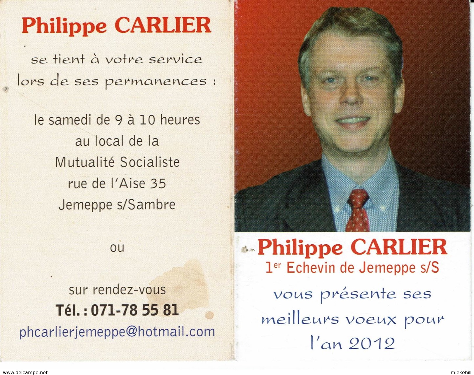 JEMEPPE SUR SAMBRE 2012-VOEUX  ECHEVIN PHILIPPE CARLIER- MUTUALITE SOCIALISTE-calendrier-politique - Petit Format : 2001-...