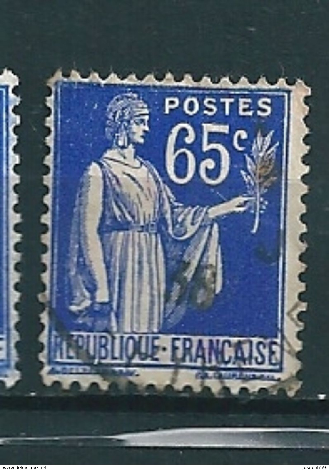 N° 365 Type Paix  65c Timbre France Oblitéré 1937 Variété Blanc De La Voilure Prononcée - Gebruikt