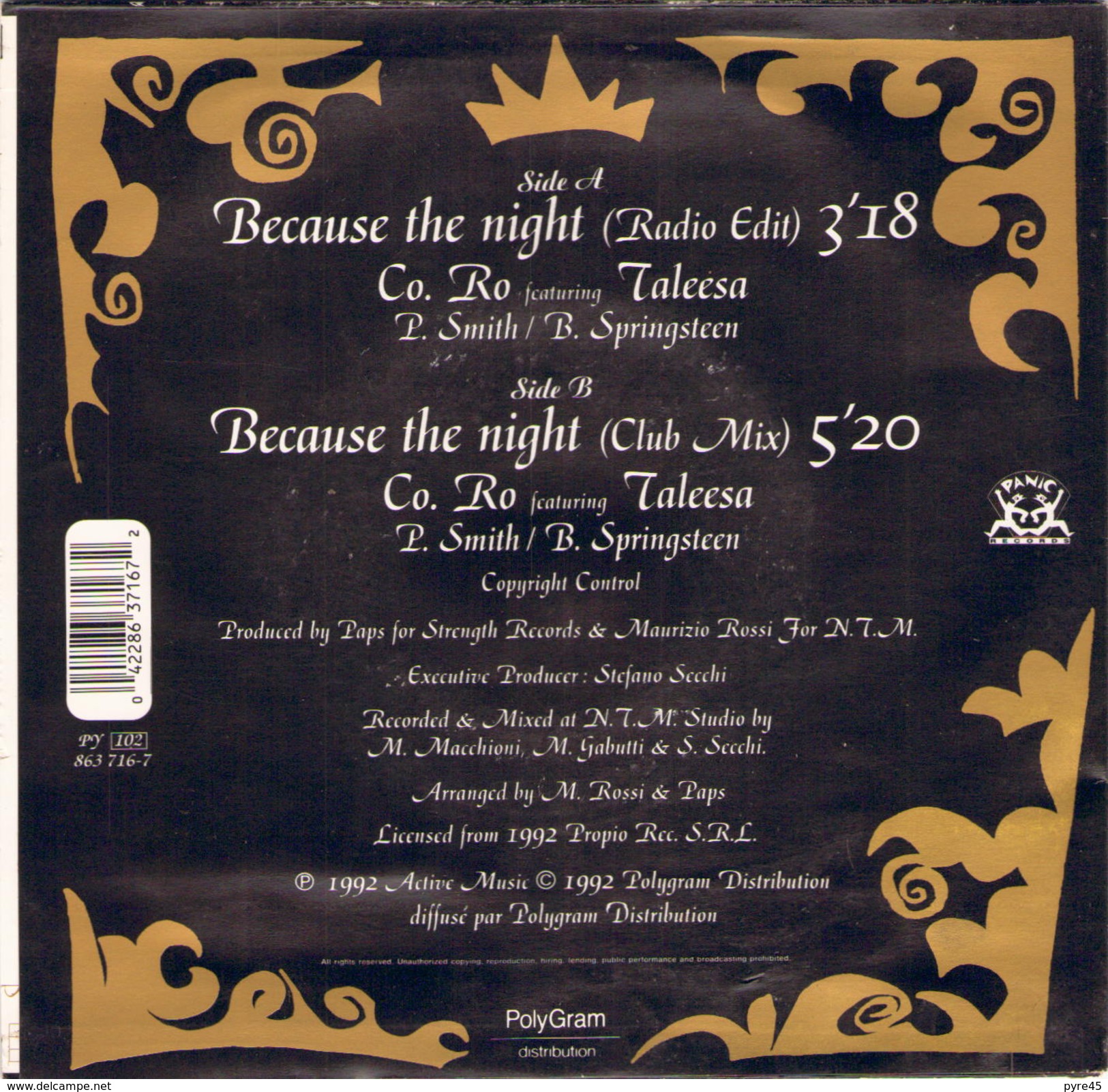 45 TOURS CO RO POLYGRAM 863716 BECAUSE THE NIGHT - Dance, Techno & House