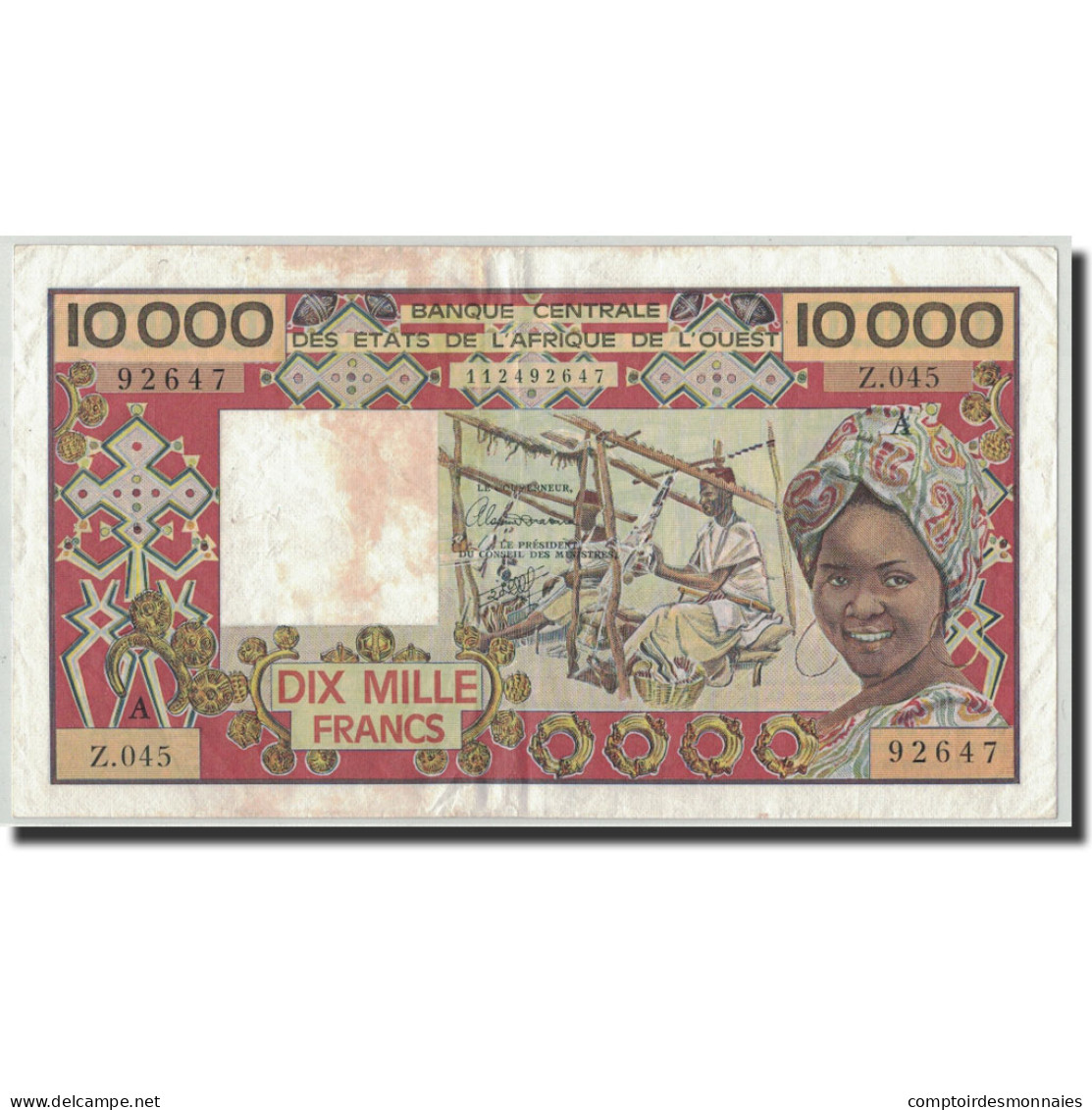 Billet, West African States, 10,000 Francs, Undated (1977-92), KM:109Aj, TTB - West African States