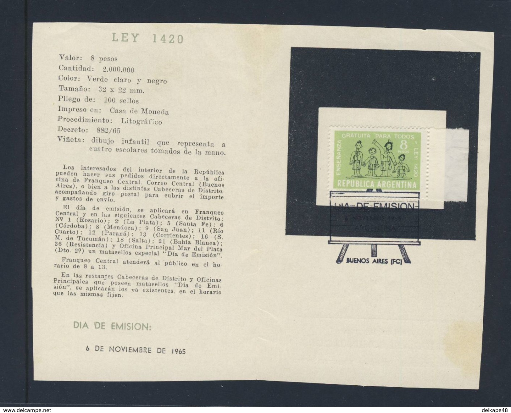 Argentina 1965 Comm. Leaflet / Gedenkblatt + Mi 891 - 81st Ann. Of Law 1420 - Public Education / Gesetzes Volkserziehung - Brieven En Documenten