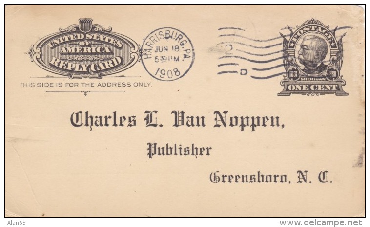 Sc#UY4r Used Reply Card Postal Card Cover, Harrisburg PA To Greensboro NC 1908 - 1901-20