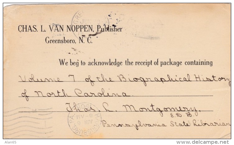 Sc#UY4r Used Reply Card Postal Card Cover, Harrisburg PA To Greensboro NC 1908 - 1901-20