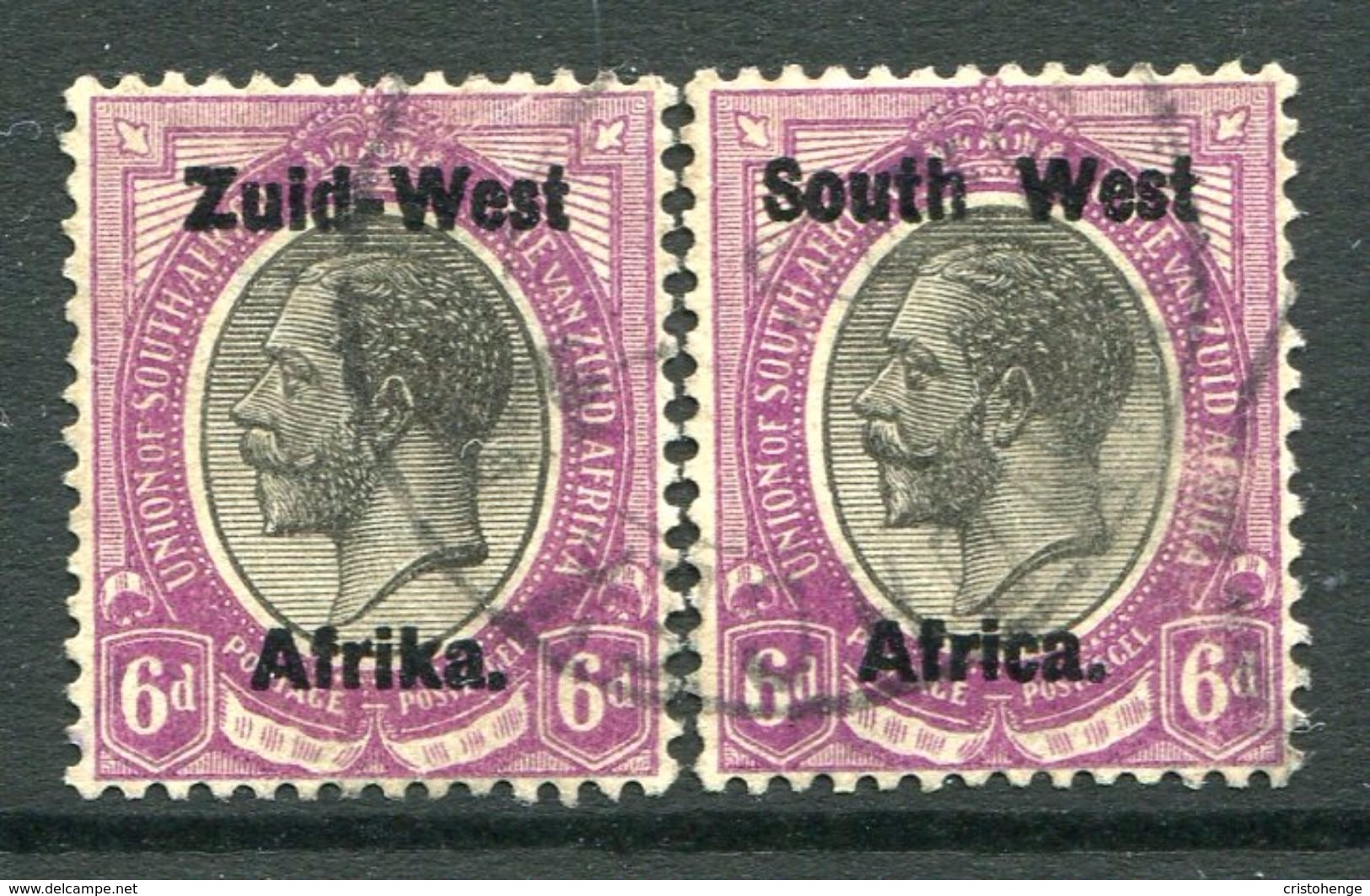 South West Africa - SWA - 1923 KGV South Africa Overprints - Setting I - 6d Blk. & Violet Split Pair Used (SG 6) - South West Africa (1923-1990)