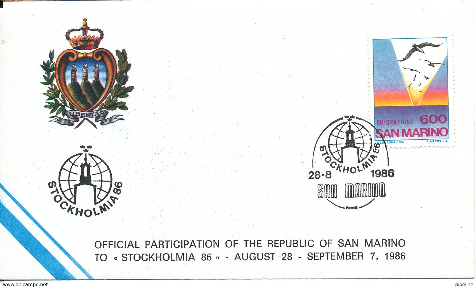 San Marino Cover Special Cancel STOCKHOLMIA  28-8-1986 With Cachet - Other & Unclassified