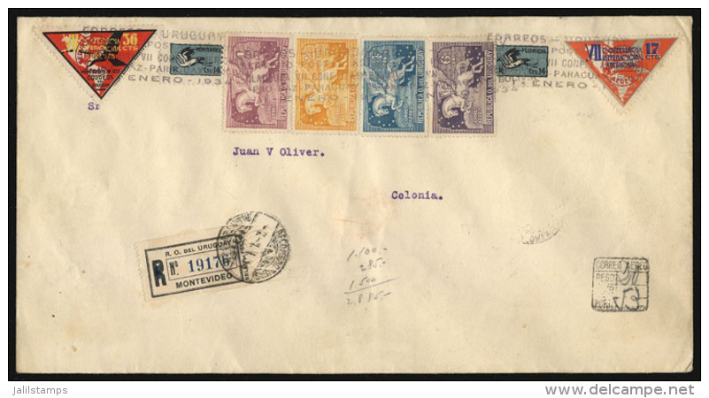 1/JA/1934 Montevideo - Colonia: Special Flight, Registered Cover With Spectacular Postage And Arrival Backstamp,... - Uruguay