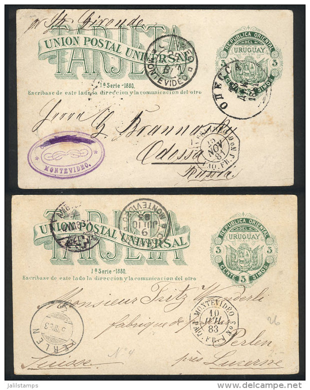 2 Postal Cards Sent To RUSSIA (rare Destination) And Switzerland In 1881 And 1883 By French Mail, VF Quality! - Uruguay