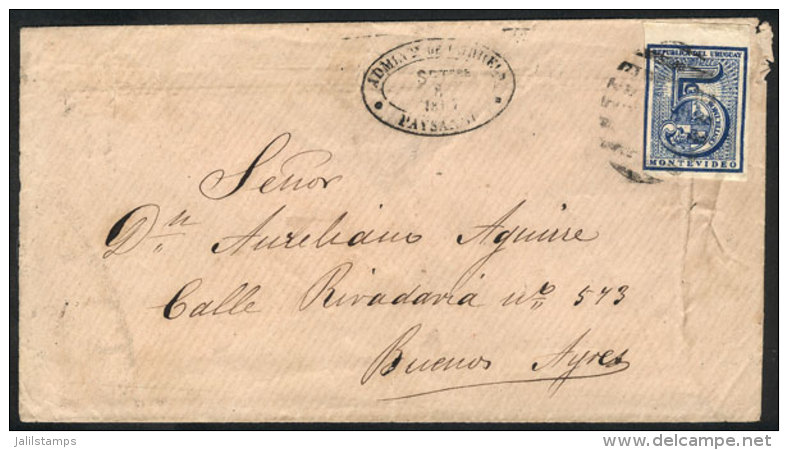 Cover Franked With 5c. (Sc.30) Sent From PAYSAND&Uacute; To Buenos Aires On 8/SE/1877, Very Fine! - Uruguay