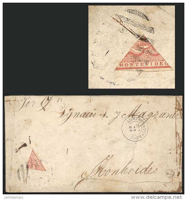 Front Of Cover Sent From Salto To Montevideo On 12/OC/1868, Franked With QUARTER Of 20c. (Yvert 33b), Fine Quality,... - Uruguay