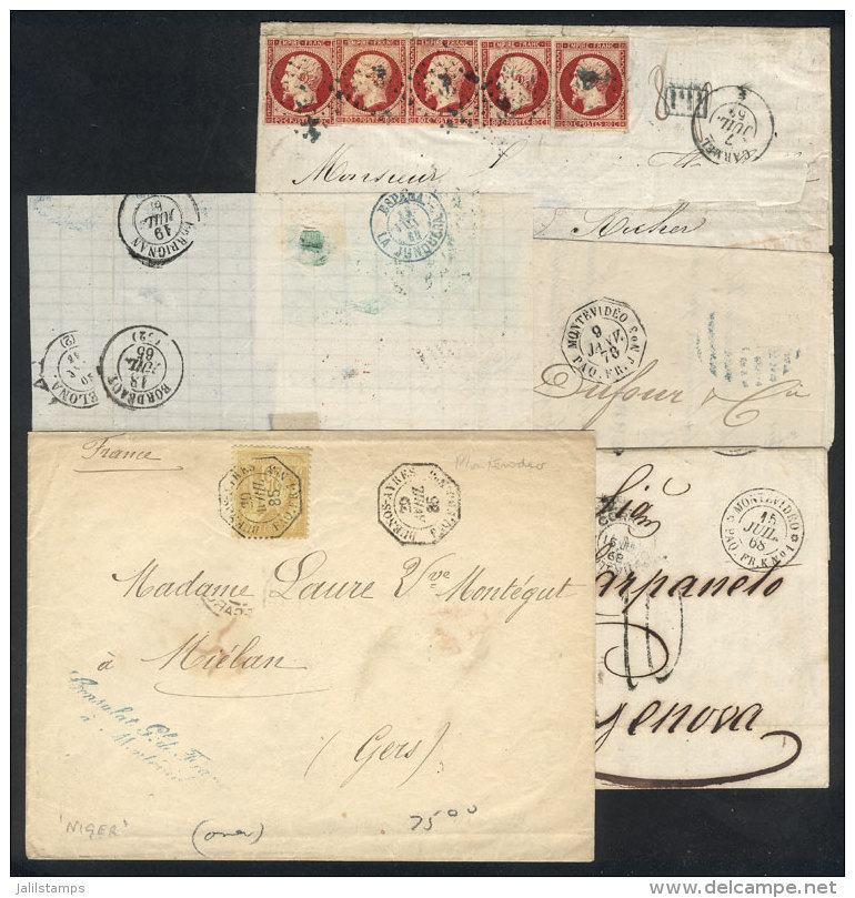 2 Folded Covers + 1 Cover + 2 Large Fragments Of Folded Covers Sent By French Mail From Montevideo To Varied... - Uruguay