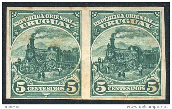 Yv.122 (Sc.113a), 1897 Engine Of The First Uruguayan Train 5c. Green, IMPERFORATE PAIR, Fine Quality (with Some... - Uruguay