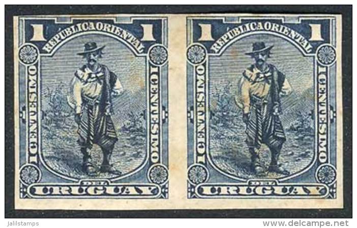 Yv.120 (Sc.109), 1897 Gaucho 1c. Dark Blue, IMPERFORATE PAIR, Fine Quality (with Some Stain Points), Rare! - Uruguay