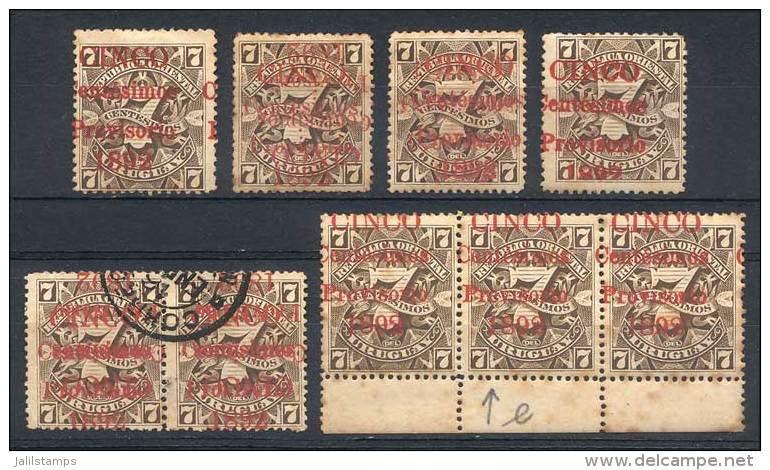 Yv.87 (Scott 101), Lot With VARIETIES: Double Surcharge One Inverted, Double Surcharge, "1892" Incomplete At... - Uruguay