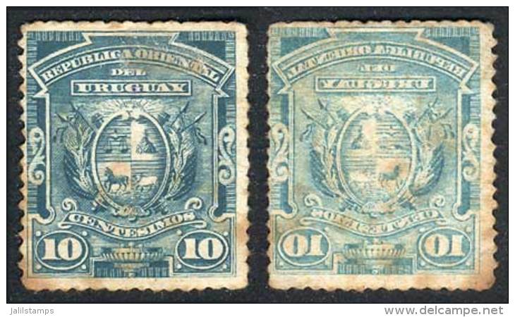 Yv.79 (Sc.84), 1889/90 10c. Greenish Blue With VARIETY: Offset Impression On Back. Little Defect (lightly Stained),... - Uruguay