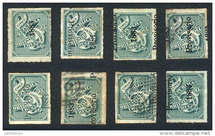 Yvert 55 (Sc.52), 8 Examples With Different VARIETIES Of Overprint: Inverted, Without "provisorio", Shifted, Etc.,... - Uruguay