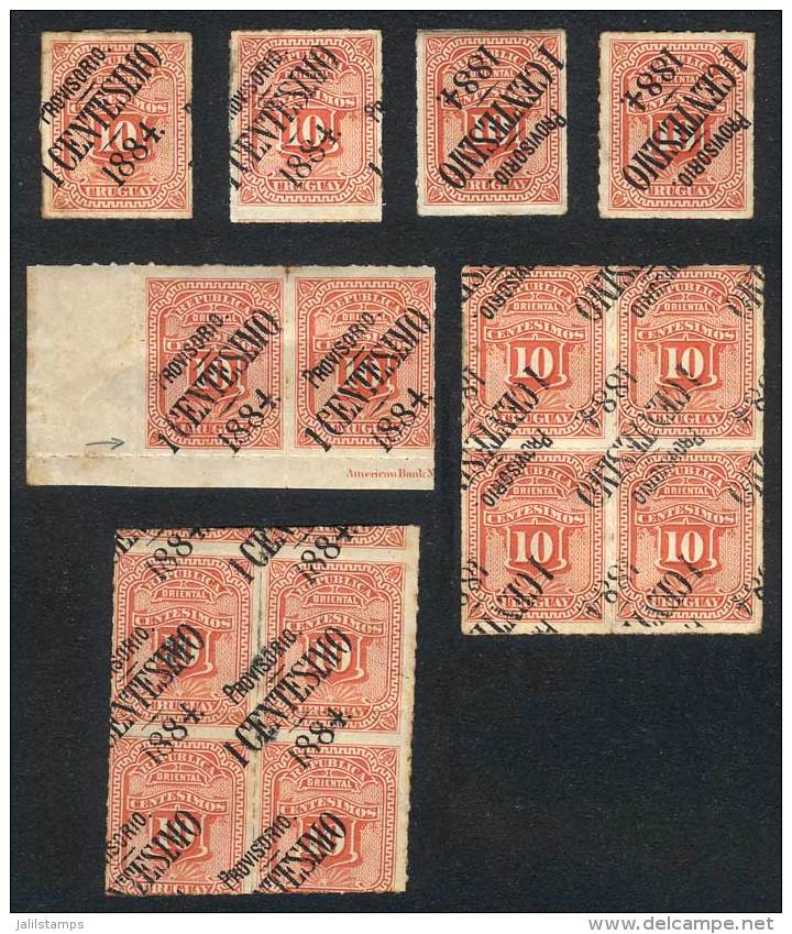 Yvert 53 (Sc.53), 1884 Provisorio 1c.: One Normal Example, One With Shifted Surcharge (incomplete), 2 With Inverted... - Uruguay