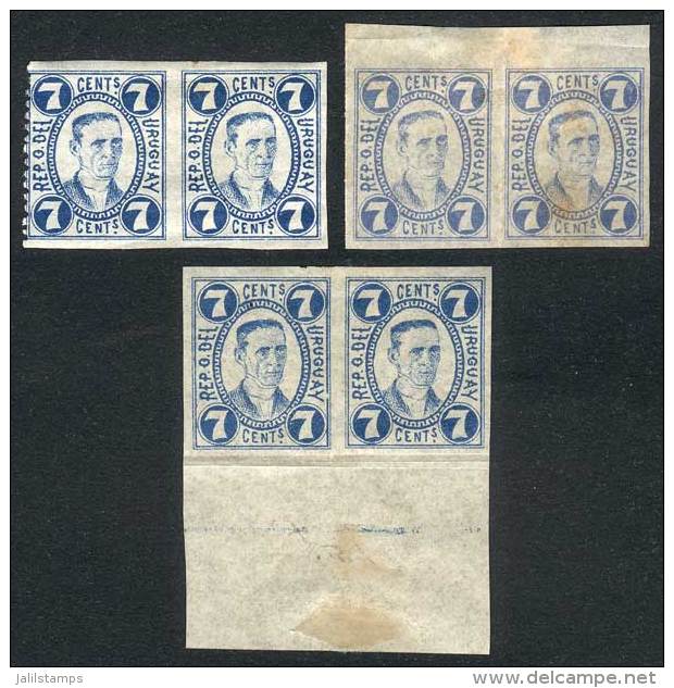 Yv.48, 1881 7c. Joaqu&iacute;n Suarez, 2 IMPERFORATE PAIRS In Blue And Ligh Blue, And Another One Only Perforated... - Uruguay