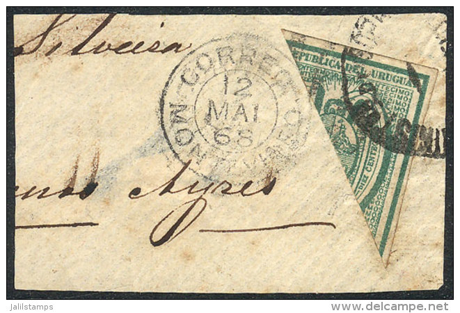 Yvert 31a, 1866 10c. Green Bisect Used As 5c. On Fragment Of A Cover Sent To Buenos Aires On 12/MAY/1868 From... - Uruguay