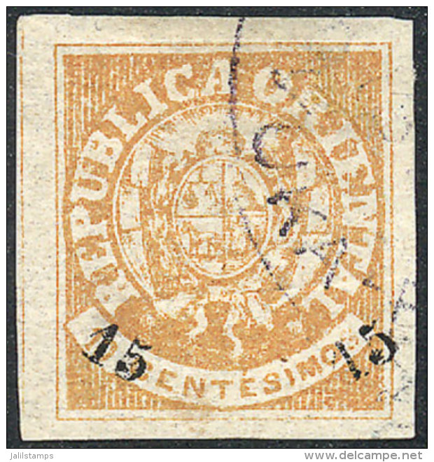 Yvert 26, 1866 Escudito 15c. On 10c. Yellow, Used, Very Fine Quality, Catalog Value Euros 90. - Uruguay