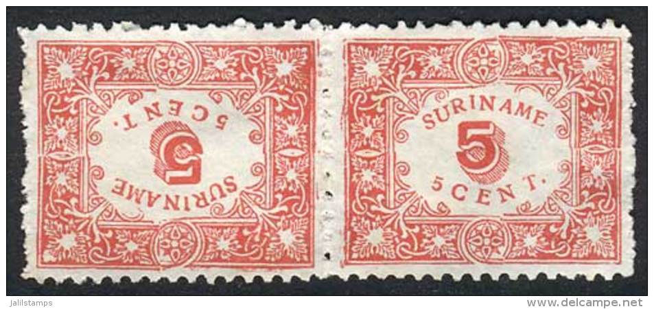 Sc.62a, 1909 5c. Perforation 11&frac12;x10&frac12;, Tete-beche Pair, Issued Without Gum, Fine Quality, Catalog... - Surinam