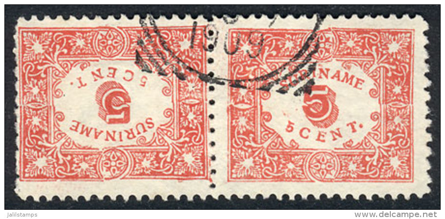 Yvert 58a, 1909 5c. Red Perforated, Pair Forming Tete-beche, Very Fine Quality, Rare, Catalog Value Euros 140. - Surinam